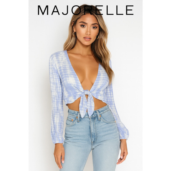 MAJORELLE Tops - REVOLVE Majorelle Tie Dye Wrap Babydoll Y2K Wrap Longsleeve Sz S Blue V Neck